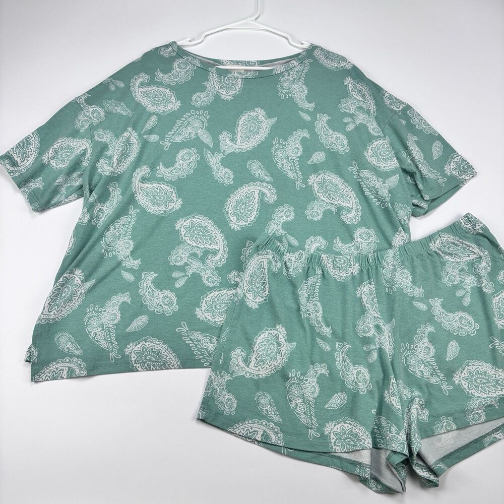 Be Stage Pajama Set Womens 2 L Green White Paisley Top Shorts Lounge